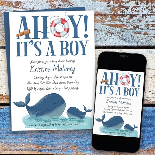 Ahoy Its a Boy Happy Whale Watercolor Baby Shower Invitation