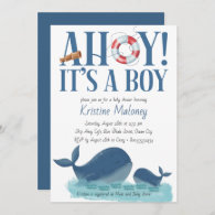 Ahoy It's a Boy Happy Whale Watercolor Baby Shower Invitation