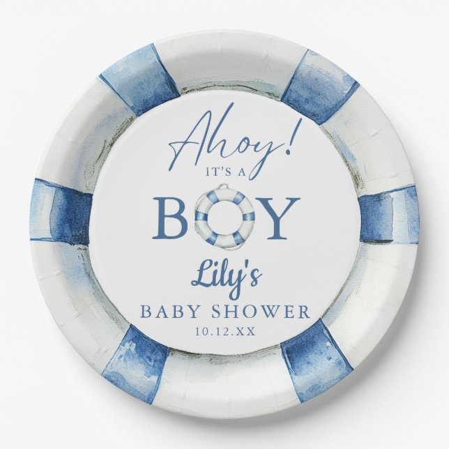 Ahoy Its A Boy Lifebuoy Nautical Baby Shower Paper Plates (Front)