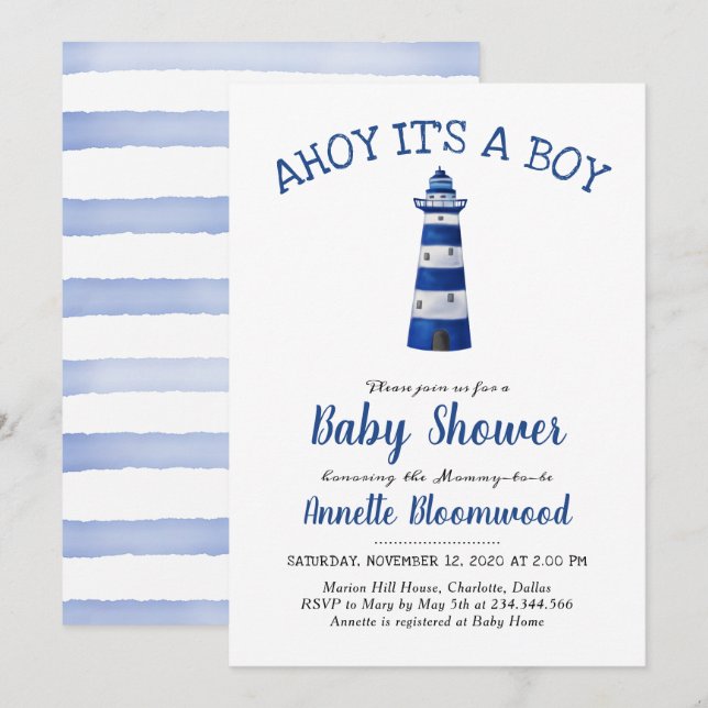 Ahoy Its A Boy Lighthouse | Nautical Baby Shower Invitation (Front/Back)