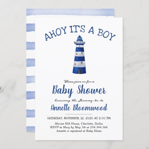 Ahoy Its A Boy Lighthouse  Nautical Baby Shower Invitation