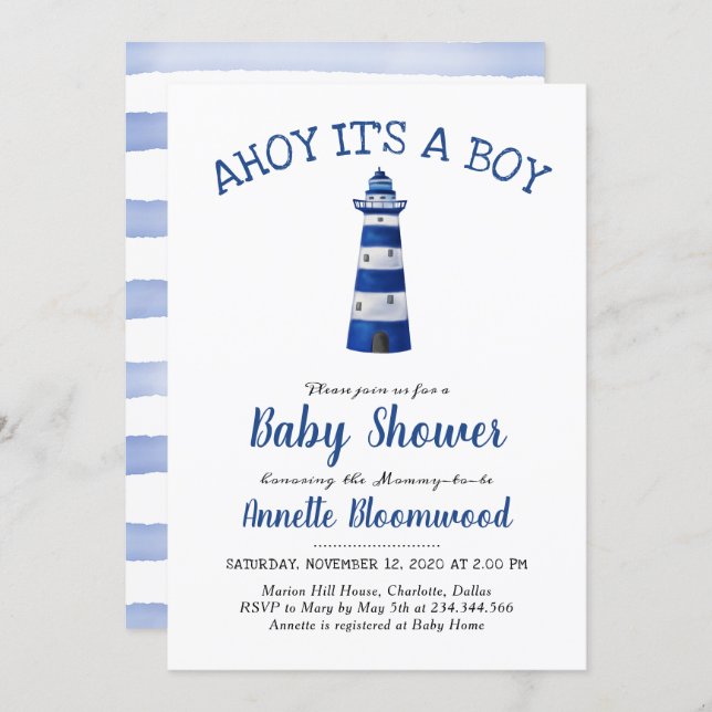 Ahoy Its A Boy Lighthouse | Nautical Baby Shower Invitation (Front/Back)