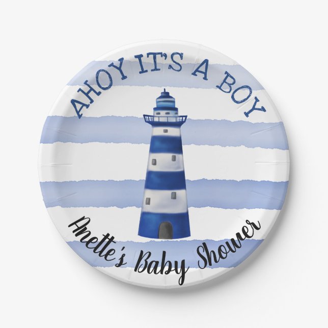 Ahoy Its A Boy Lighthouse | Nautical Baby Shower Paper Plates (Front)