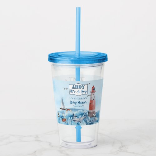 Ahoy Its A Boy Lighthouse Ocean Baby Shower Acrylic Tumbler