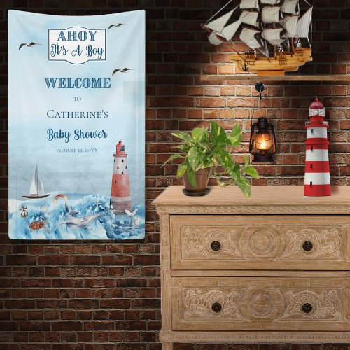 Ahoy Its A Boy Lighthouse Ocean Baby Shower  Banner