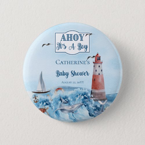 Ahoy Its A Boy Lighthouse Ocean Baby Shower Button