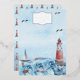 Ahoy It's A Boy Lighthouse Ocean Baby Shower  Foil Invitation