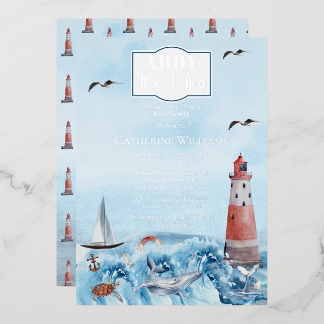 Ahoy It's A Boy Lighthouse Ocean Baby Shower  Foil Invitation (Front/Back)