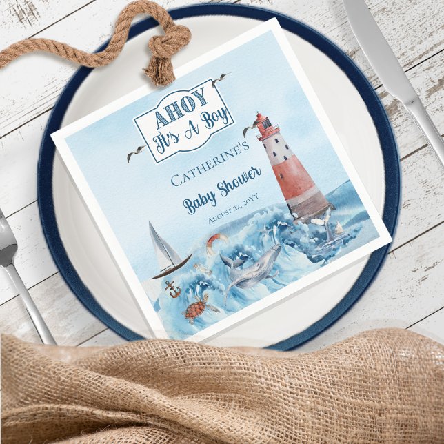 Ahoy It's A Boy Lighthouse Ocean Baby Shower Napkins (Creator Uploaded)