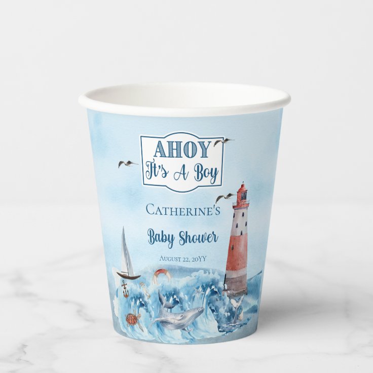 Ahoy It's A Boy Lighthouse Ocean Baby Shower Paper Cups | Zazzle