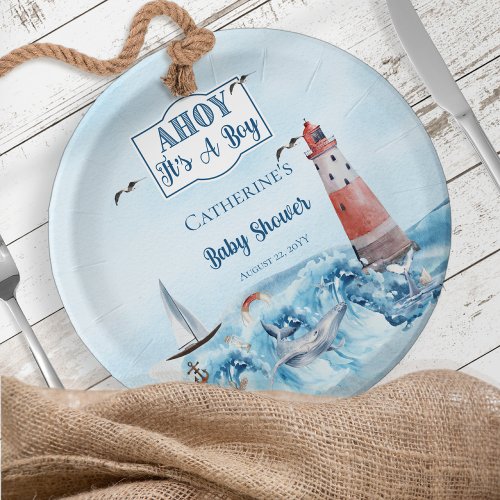 Ahoy Its A Boy Lighthouse Ocean Baby Shower Paper Plates