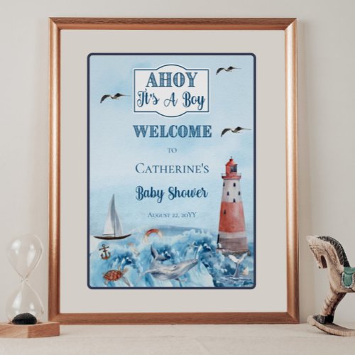 Ahoy Its A Boy Lighthouse Ocean Baby Shower Poster