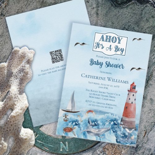 Ahoy Its A Boy Lighthouse Ocean Baby Shower QR Invitation