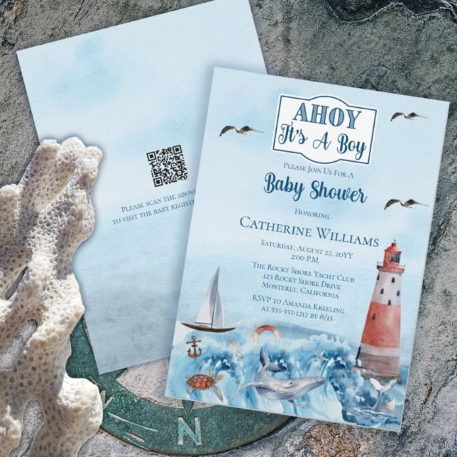 Ahoy It's A Boy Lighthouse Ocean Baby Shower QR Invitation