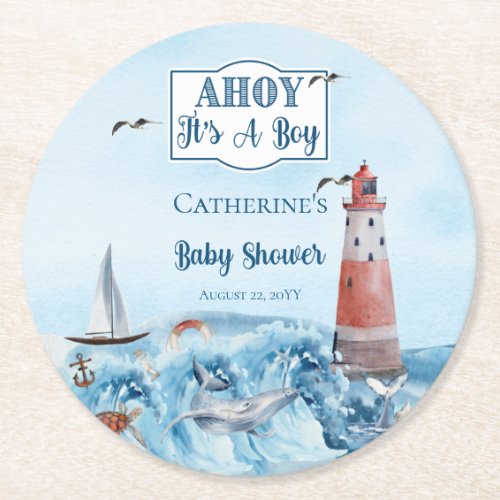 Ahoy Its A Boy Lighthouse Ocean Baby Shower Round Paper Coaster