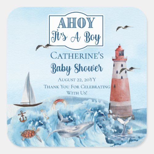 Ahoy Its A Boy Lighthouse Ocean Baby Shower Square Sticker