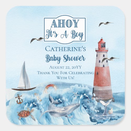 Ahoy Its A Boy Lighthouse Ocean Baby Shower  Square Sticker