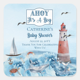 Ahoy It's A Boy Lighthouse Ocean Baby Shower Square Sticker