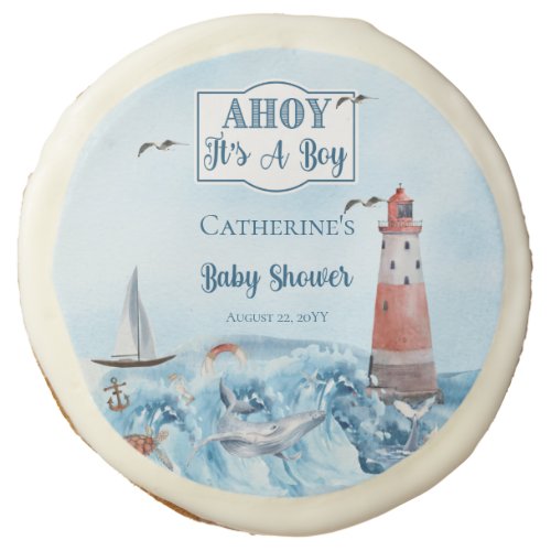 Ahoy Its A Boy Lighthouse Ocean Baby Shower Sugar Cookie