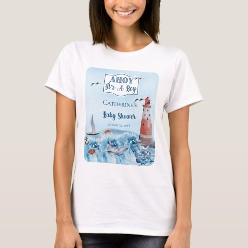 Ahoy Its A Boy Lighthouse Ocean Baby Shower T_Shirt