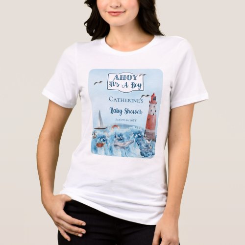 Ahoy Its A Boy Lighthouse Ocean Baby Shower Tri_Blend Shirt