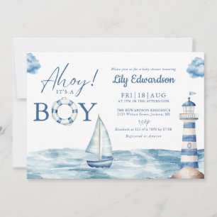 Ahoy Its A Boy Monogram Nautical Baby Shower Invitation