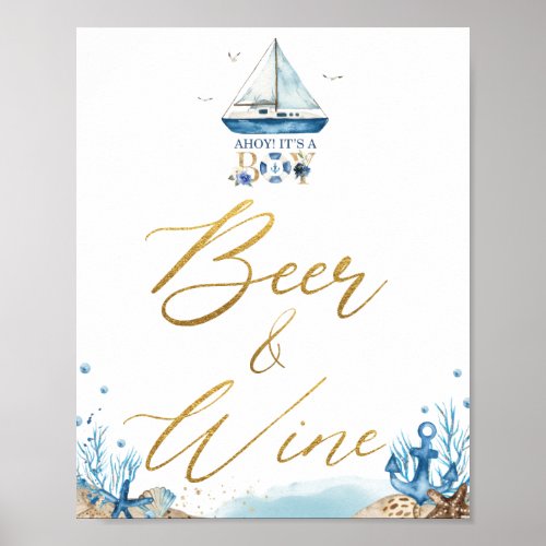 Ahoy Its a Boy Nautical Baby Shower Beer Wine  Poster