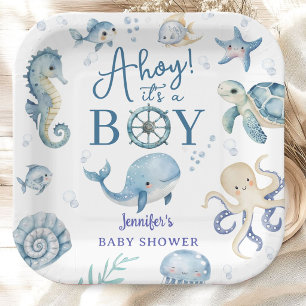 Ahoy It's A Boy Nautical Baby Shower Blue Paper Plates