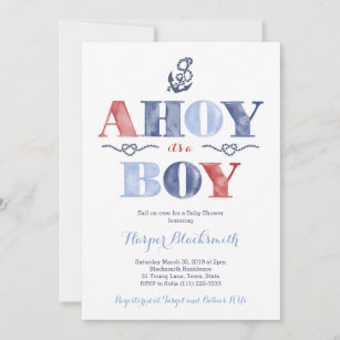 Ahoy It's A Boy, Nautical Baby Shower in Navy Red Invitation