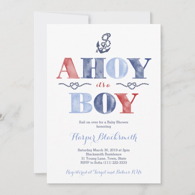 Ahoy It's A Boy, Nautical Baby Shower in Navy Red Invitation (Front)