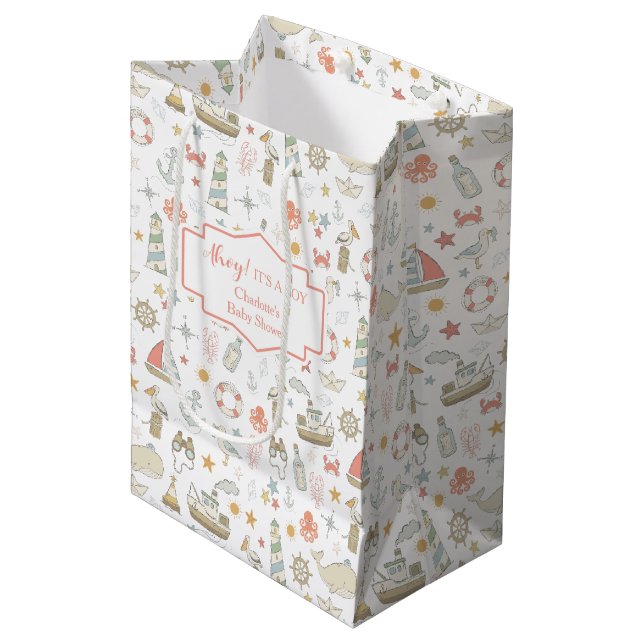 Ahoy it's a Boy Nautical Baby Shower Medium Gift Bag (Front Angled)