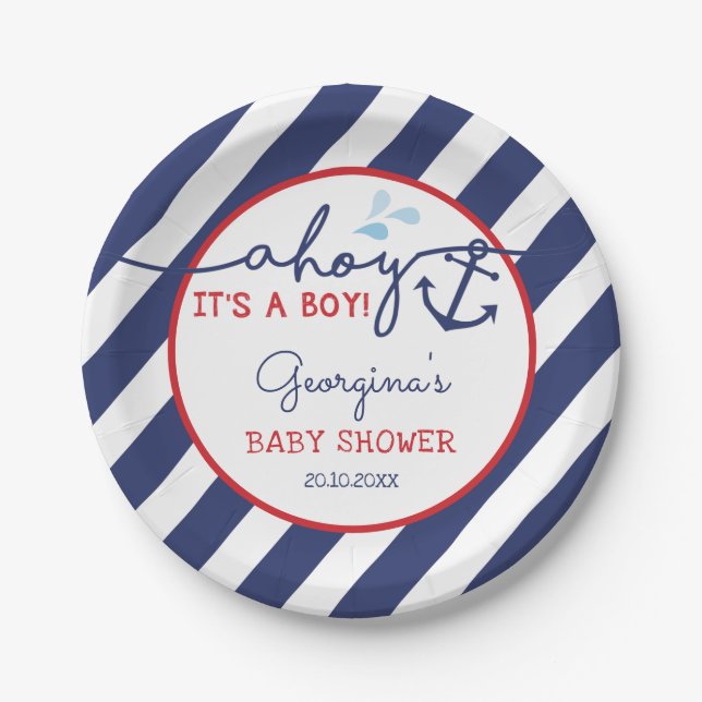 Ahoy It's a Boy Nautical Baby Shower Navy Red Paper Plates (Front)