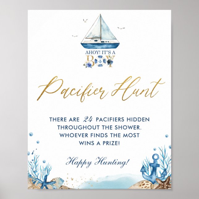 Ahoy It's a Boy Nautical Baby Shower Pacifier Hunt Poster (Front)