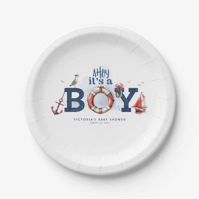 Ahoy It's A Boy Nautical Baby Shower Paper Plates (Front)