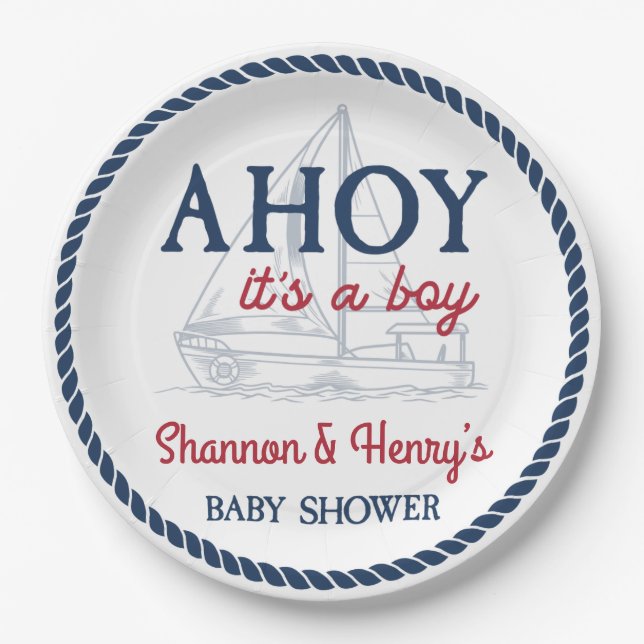 Ahoy It's a Boy Nautical Baby Shower Paper Plates (Front)