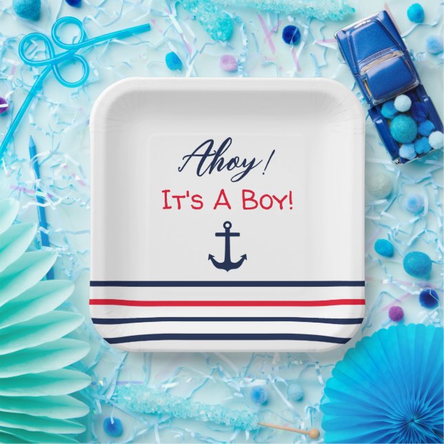 Ahoy It's A Boy! Nautical Baby Shower Paper Plates (Party)