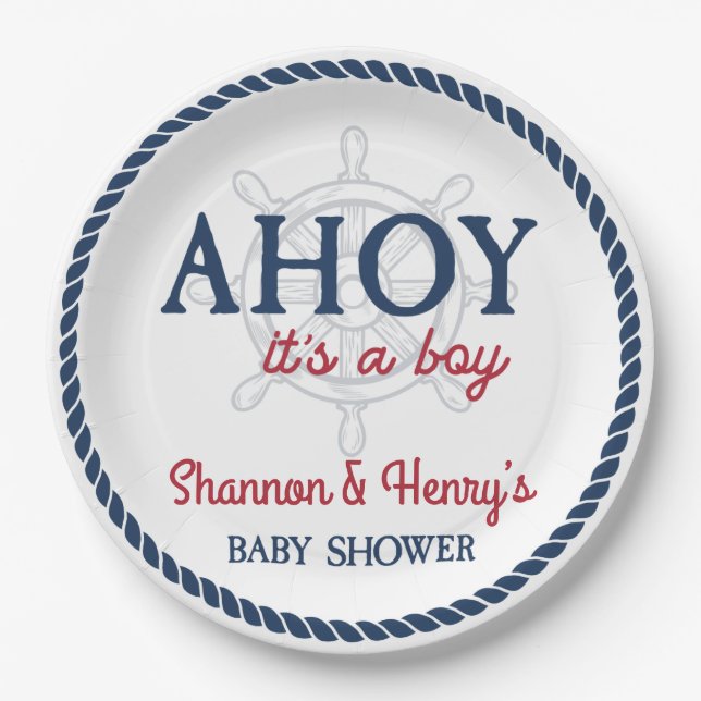 Ahoy It's a Boy Nautical Baby Shower Paper Plates (Front)
