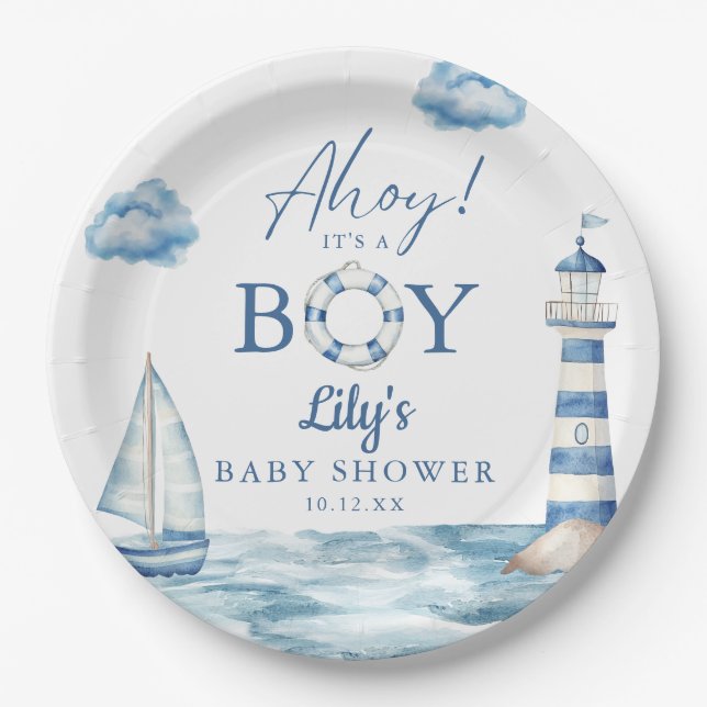 Ahoy Its A Boy Nautical Baby Shower Paper Plates (Front)