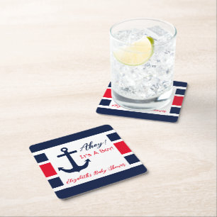 Ahoy It's A Boy! Nautical Baby Shower Square Paper Coaster