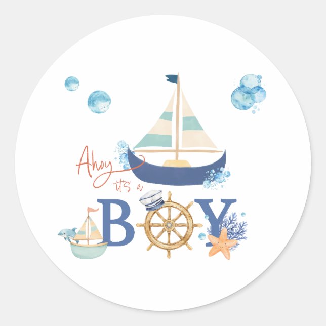Ahoy It's a Boy Nautical Baby Shower Stickers (Front)