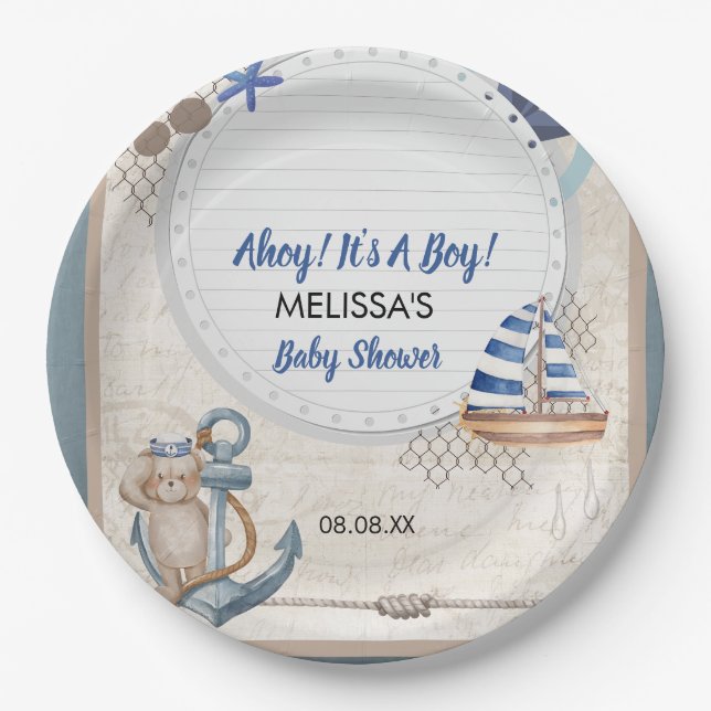 Ahoy it's a boy nautical baby shower theme paper plates (Front)