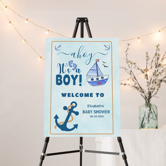 Ahoy It's a Boy Nautical Baby Shower Welcome Sign (In Situ (Stand))