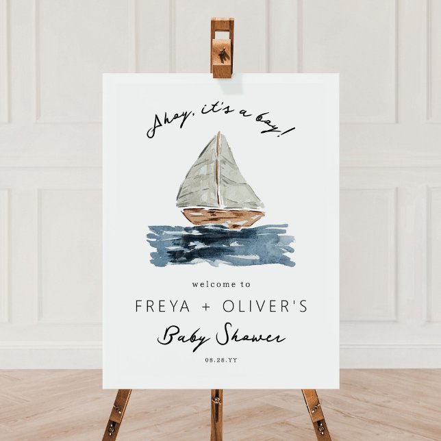 Ahoy It's A Boy Nautical Baby Shower Welcome Sign (Ahoy, it's a Boy! Nautical watercolor sailboat baby shower welcome sign.)