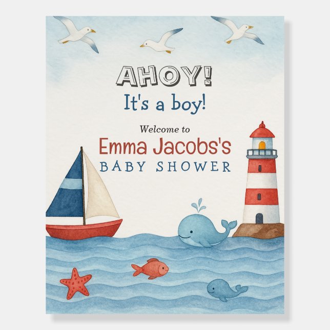 Ahoy It's a Boy Nautical Baby Shower Welcome Sign (Front)