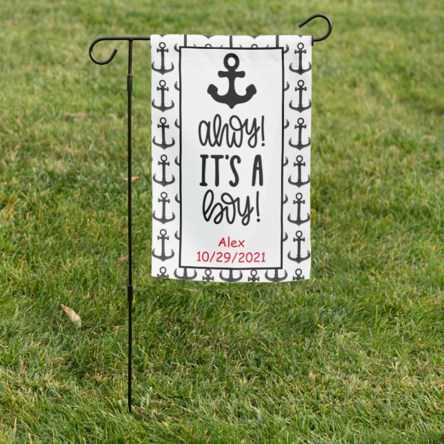 Ahoy! It's a Boy! Nautical Birth Announcement  Garden Flag (In SItu)