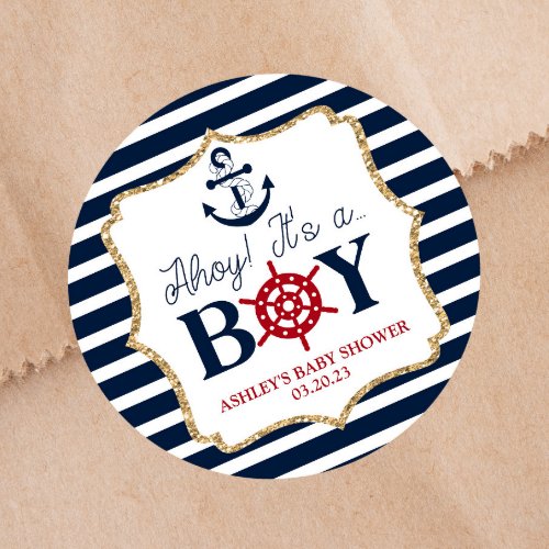 Ahoy Its A Boy Nautical Blue Baby Shower Favor Classic Round Sticker