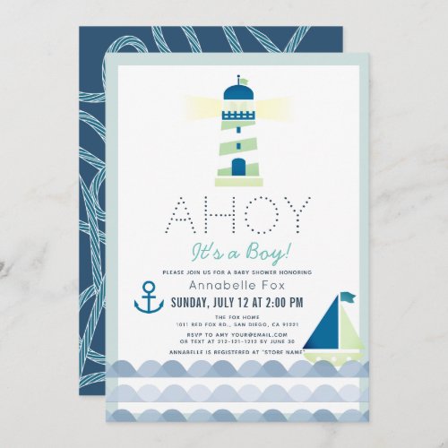 Ahoy Its a Boy Nautical Blue Baby Shower Invitation