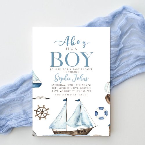 Ahoy Its A Boy Nautical Blue Boat baby shower Invitation