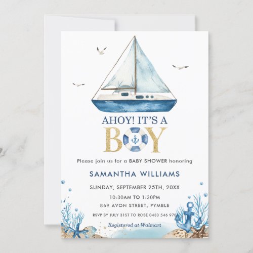 Ahoy Its a Boy Nautical Blue Boat Baby Shower Invitation