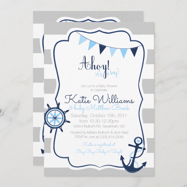 Ahoy its a Boy Nautical Blue Gray Baby Shower Card (Front/Back)